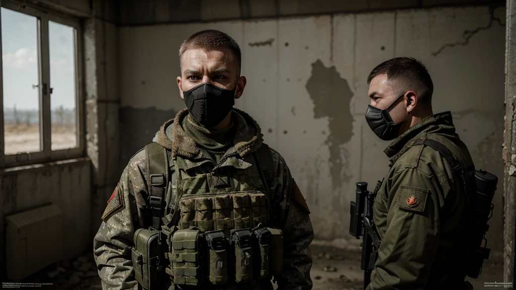 masked soldier, in a post-apocalyptic scenario, Russian soldier, Slavic appearance, lack of detail, hyperrealism, 8 k