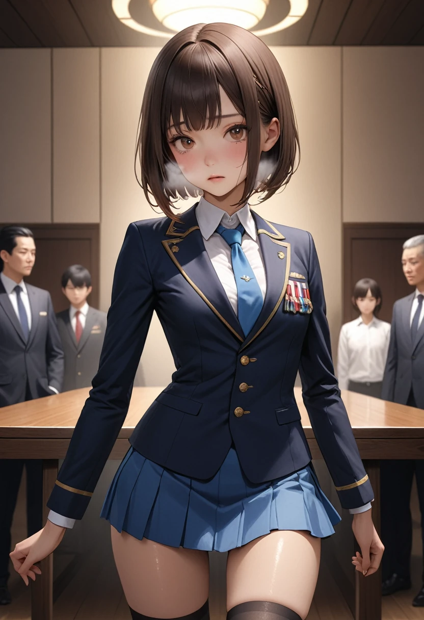 (masterpiece,Highest quality:1.3,best quality illustration),realistic,cowboy shot,1woman,独奏,30 year old Japanese beauty,((very small head:1.4)),short bob hair,brown hair,bangs,brown eyes,gorgeous eyes,shy,tearss,Heavy breathing,((Dark blue blazer jacket、White collared shirt、Navy blue mini skirt、black thighhighs)),Blue tie、Naval Officer Uniform,small breasts,((very long body:1.4,tan skin:1.3)),(toned body,slender body,skinny),gleaming skin,shiny skin,sweat:1.4,standing,conference room、Naval Base、