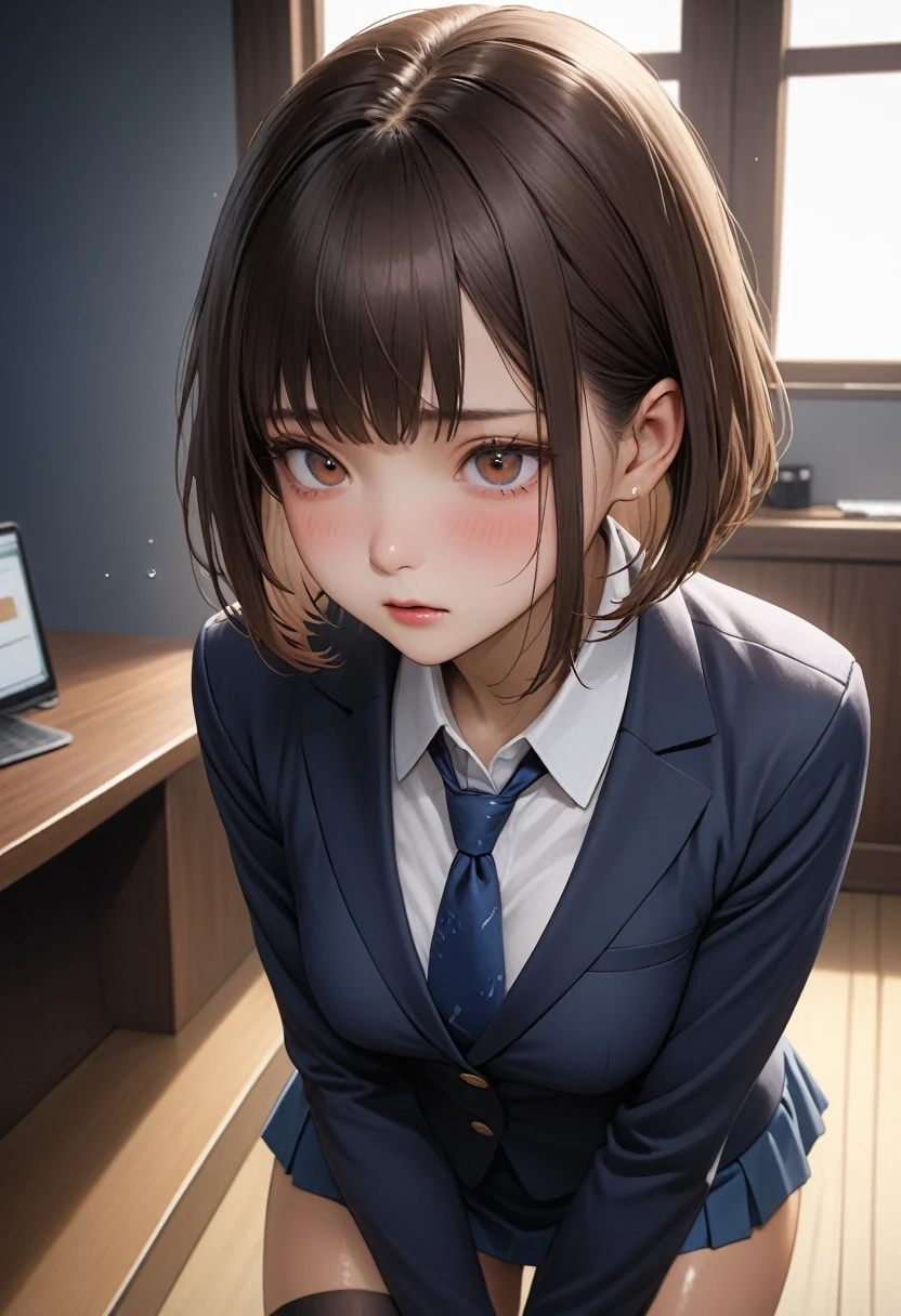 NSFW, Sex between a beautiful girl and a middle-aged man, At the office, open your legaster piece, highest quality), Junior-chan, Junior-chan, hair ornaments, hair clip, mole, mole under eye, short hair, brown hair, blue eyes, Semen overflows from the female genitalia, ((A middle-aged teacher is straddling a sleeping middle-aged teacher and trying to insert his penis into her.)), nipples are visible,  business suit, dress shirt, earrings, formal, high heels, Jacket, miniskirt, office lady, open collar, pencil skirt, shirt, skirt, suit, Big breasts that are about to burst, fluffy pubic hair, wide angle, best lighting, best shadows, (open your mouth a little), (a shy look), Watery eye, A used condom and a rolled up tissue are lying on the ground., look away