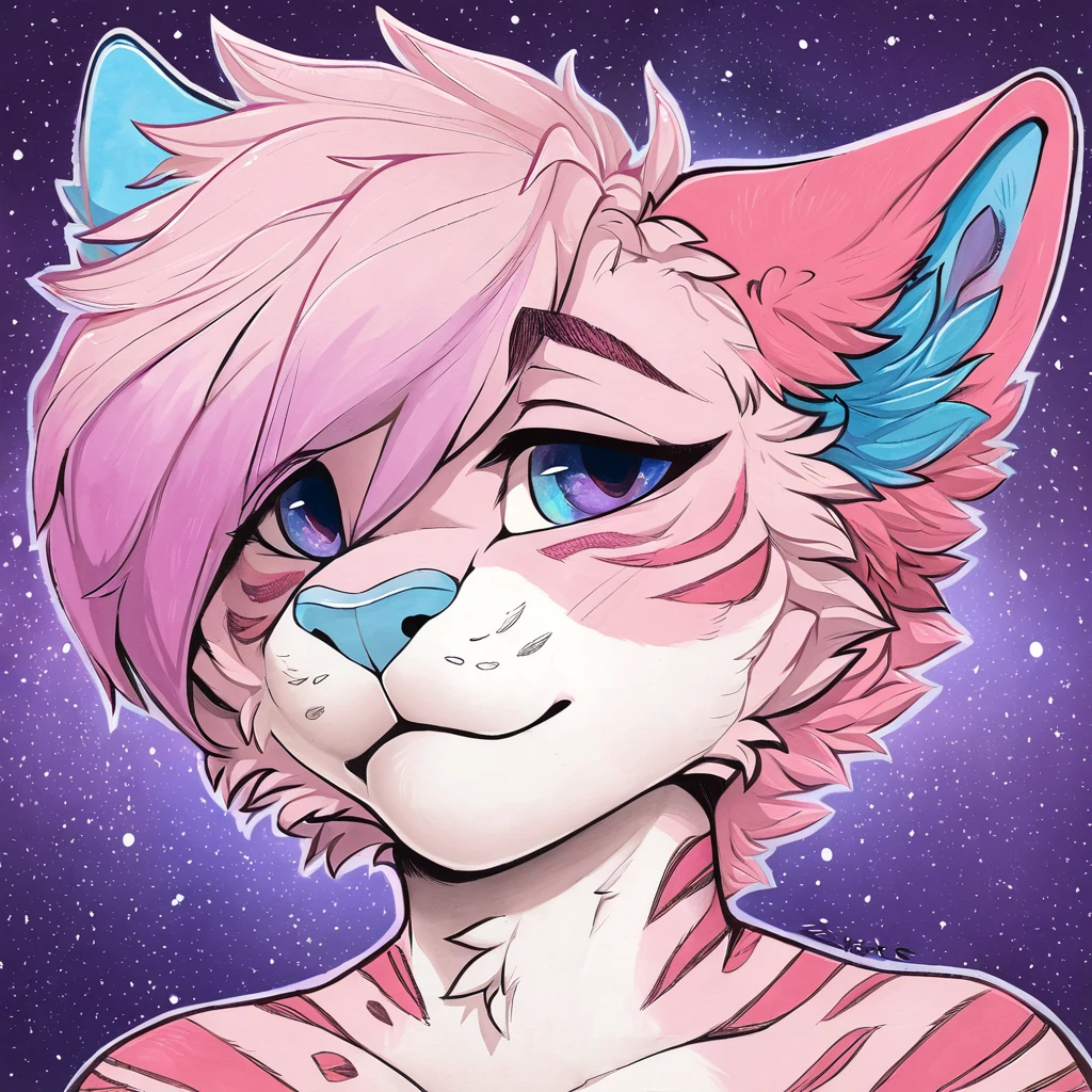 Single, solo, adult, feline, mammal, anthro, anthropomorphic, snow_leopard, cat, striped_feline, fur, furred_anthro, fluffy_tail, femboy, male, bangs, ear_tufts, blue_nose, hair_tuft, hair_between_eyes, long_tail, fluffy, feline_ears, expressive_eyes, purple_hair, purple_galaxy, purple_galaxy_background, light, looking_at_viewer, pink_hair, pink_fur, shy, small_pupils, spotted_pattern, stripes, tail, tiger_stripes, traditional_art, hand-drawn, pencil_lines, ink_details, natural_imperfections, brush_strokes, textured_shading, detailed_line_work, high_resolution, background, head_visible, neck_visible, profile_picture, seductive_face, headshot, close_up, watermark, "zispee", gradient_galaxy