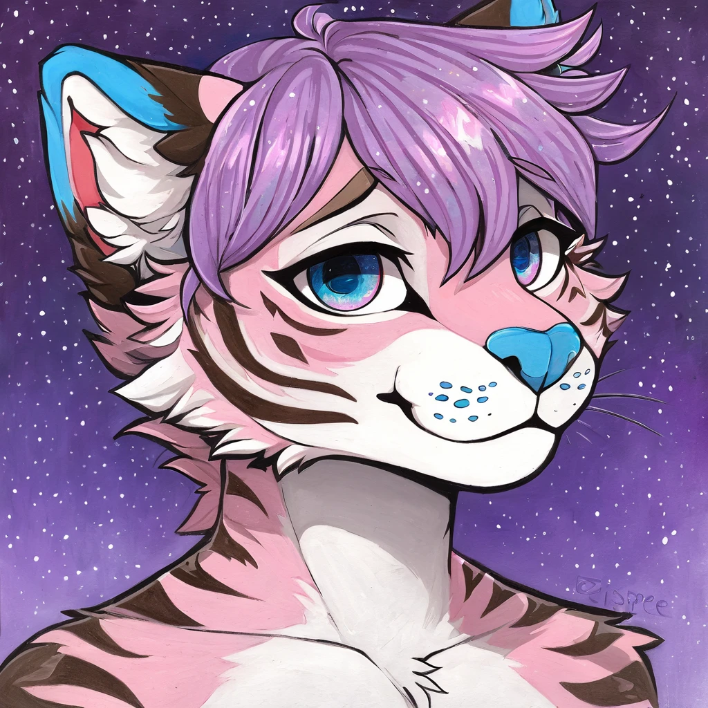 Single, solo, adult, feline, mammal, anthro, anthropomorphic, snow_leopard, cat, striped_feline, fur, furred_anthro, fluffy_tail, femboy, male, bangs, ear_tufts, blue_nose, hair_tuft, hair_between_eyes, long_tail, fluffy, feline_ears, expressive_eyes, purple_hair, purple_galaxy, purple_galaxy_background, light, looking_at_viewer, pink_hair, pink_fur, shy, small_pupils, spotted_pattern, stripes, tail, tiger_stripes, traditional_art, hand-drawn, pencil_lines, ink_details, natural_imperfections, brush_strokes, textured_shading, detailed_line_work, high_resolution, background, head_visible, neck_visible, profile_picture, seductive_face, headshot, close_up, watermark, "zispee", gradient_galaxy