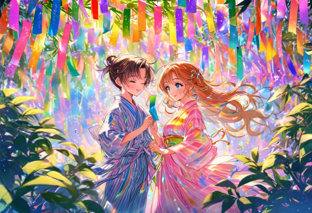 大きな花を見つめるTwo people, Two people, Tanabata, Paper, Bamboo Leaves, wishes on Paper, Grilling in a yukata, fluid, Particles of light, dream-like, Sparkling, dream-like shine, Drops of paint, Oil , strong stroke, Paint Drop, splash Paint Drop, Oil, (Abstract: 1.2) Consists of girls (Tanabata light tracing: 1.25), (Change to synchrotron radiation tracing) Style Tanabata summer festival, Orihime, fair, Summer festival, Rainbow colors, 16K, Ultra-high resolution, to be born, wonderful, future, Rainbow colors, The world 30 years from now.