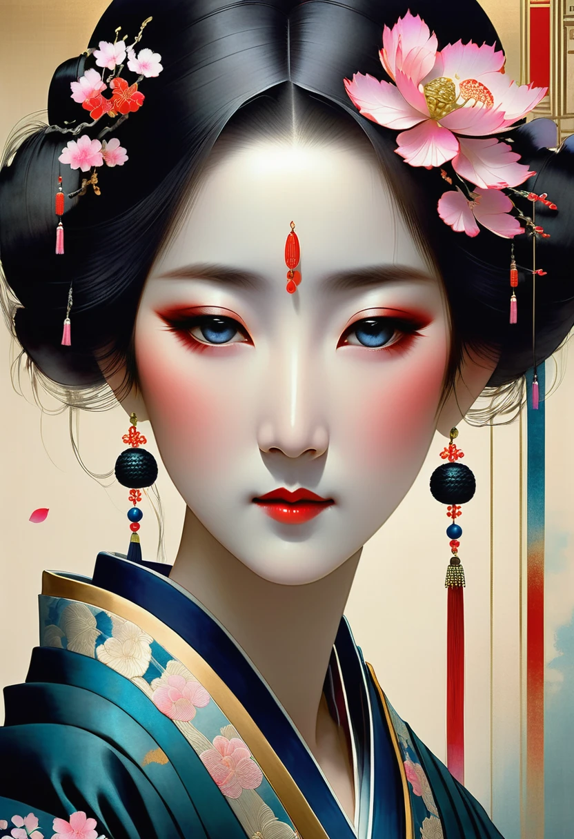 (full body:1.8), portrait of a beautiful japanese empress, blue glowing eyes, imposing look, strong pose, porcelain skin, long black hair, ornate traditional robe, Harrison Fisher and Catrin Welz-Stein art style, vivid colors, highly detailed, cinematic lighting, dramatic pose, elegant, graceful, regal, intricate details, masterpiece, photorealistic, 8k, best quality