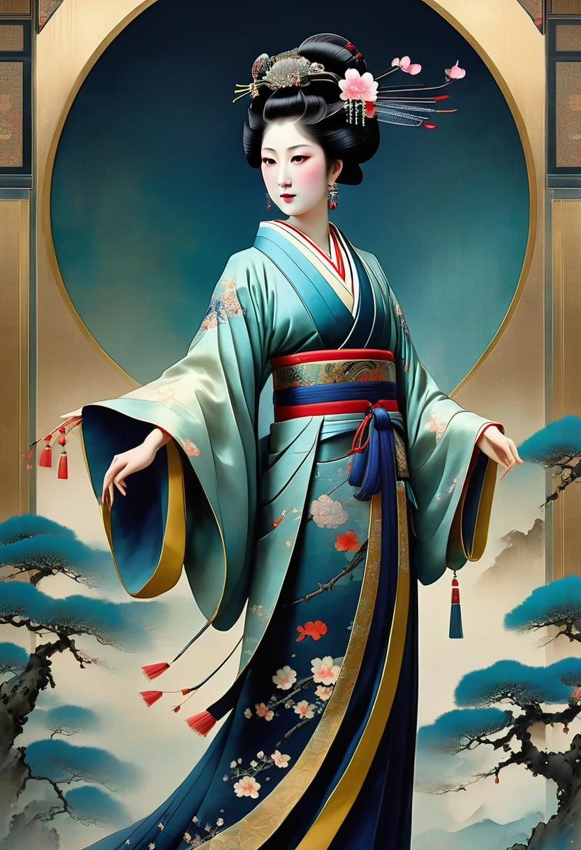 (full body:1.8), portrait of a beautiful japanese empress, blue glowing eyes, imposing look, strong pose, porcelain skin, long black hair, ornate traditional robe, Harrison Fisher and Catrin Welz-Stein art style, vivid colors, highly detailed, cinematic lighting, dramatic pose, elegant, graceful, regal, intricate details, masterpiece, photorealistic, 8k, best quality