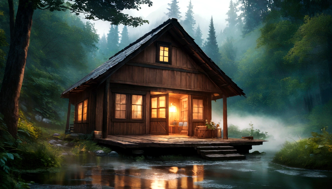 storm in the forest with lots of fog, a cabin with windows and doors illuminated by light, a pond in front of the hut, Realistic, High Definition Cinematic Image