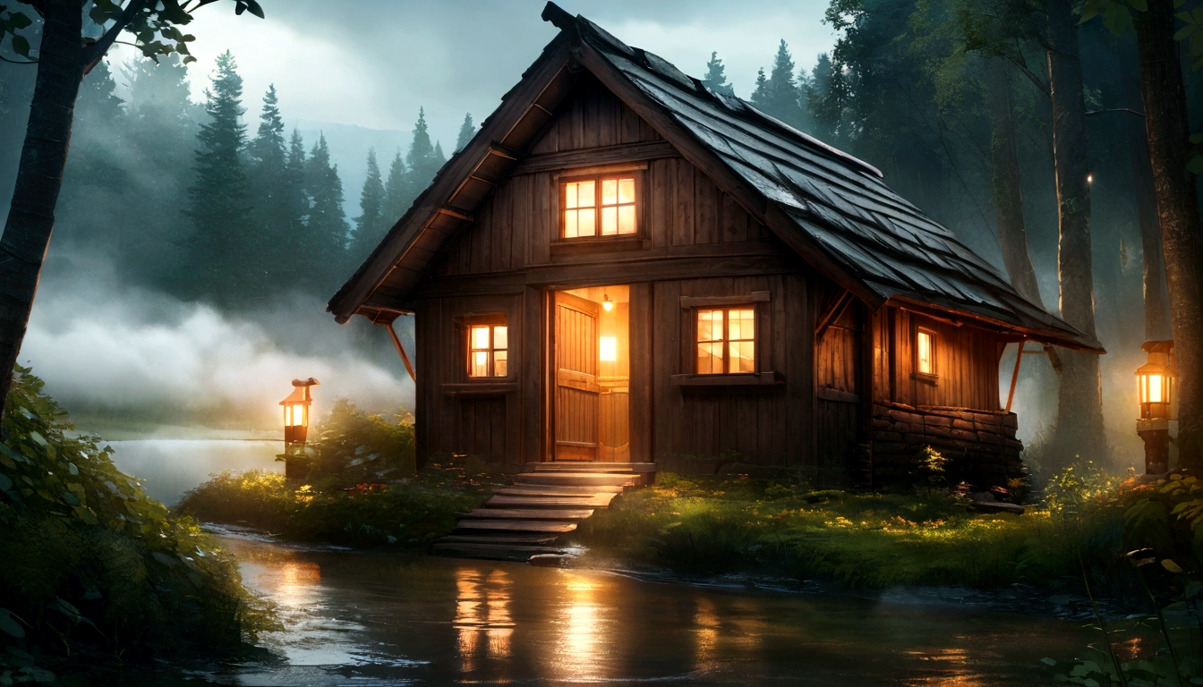storm in the forest with lots of fog, a cabin with windows and doors illuminated by light, a pond in front of the hut, Realistic, High Definition Cinematic Image