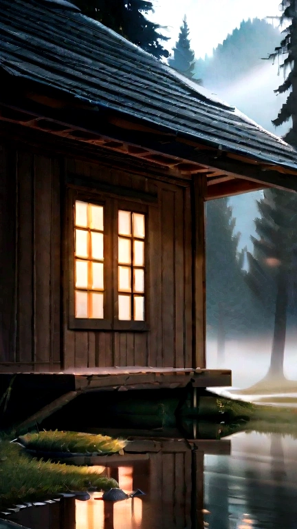storm in the forest with lots of fog, a cabin with windows and doors illuminated by light, a pond in front of the hut, Realistic, High Definition Cinematic Image