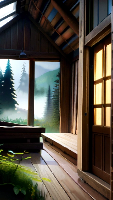 storm in the forest with lots of fog, a cabin with windows and doors illuminated by light, a pond in front of the hut, Realistic, High Definition Cinematic Image
