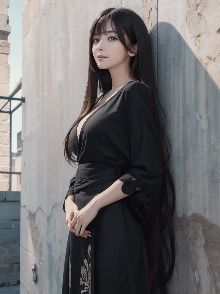 (ultra realistic), (illustration), (higher resolution), (8K), (extremely detaild), (Best illustration), (beautiful and detailed eyes), (best qualityer), (ultra detaild), (work of art ), ( wall-paper), (face detailed), standing alone, 1 girl, gazing at viewer, fine-details, face detailed, in dark, deep-shadows, subtle, pureerosfaceace_v1, smiling, long hair, Black shawl straight hair 46 point oblique bangs