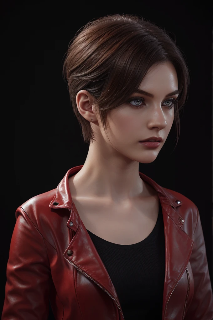 woman with short hairy hair ,Auburn-hair, pale,soft body,eyeliner,portrait, beautiful woman, beautiful female ,beautiful classy woman ,eyeliner,wonderful highly detailed masterpiece, elegant, digital painting, smooth, dramatic lighting, ultra realistic, 8k, art , blur backgrond, black background ,black background,black wallpaper,wearing red leather jacket