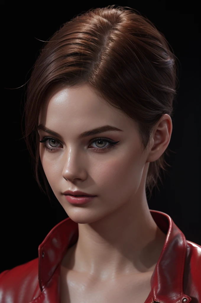 woman with short hairy hair ,Auburn-hair, pale,soft body,eyeliner,portrait, beautiful woman, beautiful female ,beautiful classy woman ,eyeliner,wonderful highly detailed masterpiece, elegant, digital painting, smooth, dramatic lighting, ultra realistic, 8k, art , blur backgrond, black background ,black background,black wallpaper,wearing red leather jacket