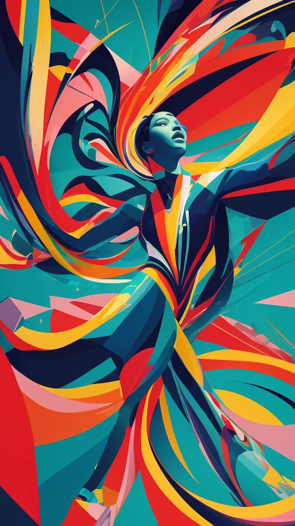 A dynamic and colorful poster with a central human figure in a symbolic pose. The figure should be rendered in a bold, expressive style with a touch of caricature. The background should be a vibrant composition of geometric shapes and organic forms.  Use a limited palette of contrasting colors for maximum impact. Include a subtle hint of social commentary relevant to a modern audience. Finalize the image in the style of Waldemar Świerzy.








