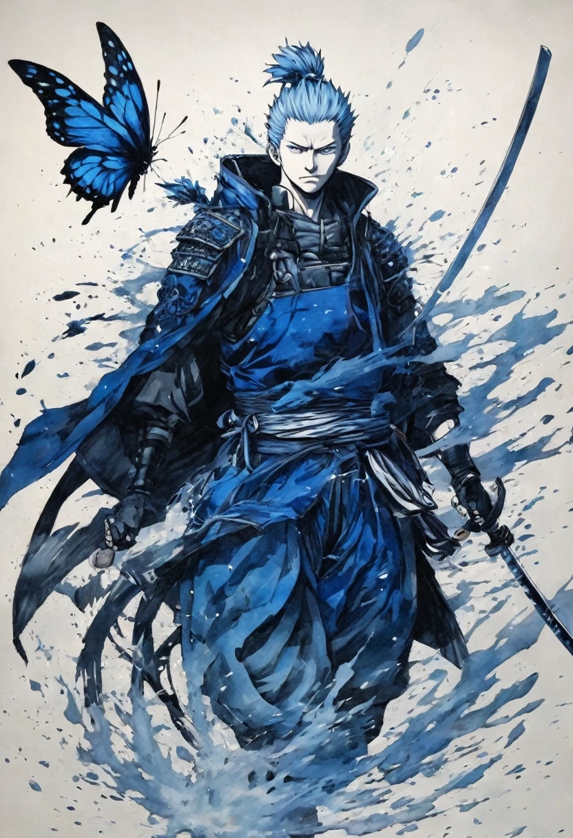 Ink and ink painting,Black and white painting,splash,Beautiful detailed glass hair,Jujutsu Kaisen,Itadori Yuuji,samurai armor,(Blue Butterfly々,Feather powder),