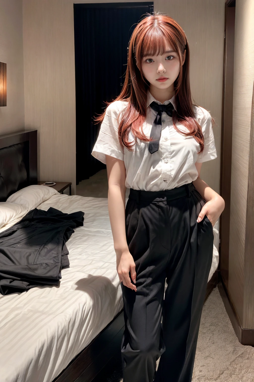 Highest quality、Ultra-high resolution、Professional Lighting、Detailed Background、hotel room、full body,Kobeni-chan、crying a little、25-year-old woman、beautiful girl、(Kobeni-chan、Jet black hair, Black Hair, bangs, One-sided hair,)、(Red Hair Clip:1.1)、(White shirt:1.2)+(Black tie:1.2)+(black long pants for work:1.2)、(Huge breasts that look like they might burst:1.2)、(Big thighs:1.1)、Are standing、Model pose