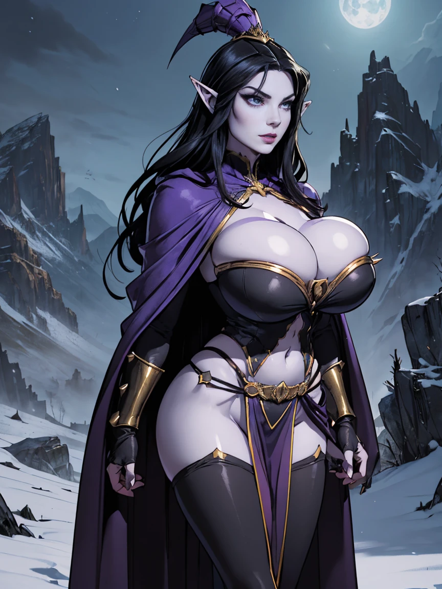 (masterpiece, top quality, best quality, official art, beautiful and aesthetic:1.2), (1girl:1.3), ((Sharp facial features, sharp features, hawkish features)), ((big hair, long elf ears, long black hair)), (((pale purple skin, pale blue skin, blue skin, purple skin))), big tiddy dark elf girl, extremely detailed, portrait, looking at viewer, solo, (full body:0.6), detailed background, full-body shot, (cold night mountain theme:1.1), dark elf war dancer, (spiky winged helmet), charlatan, smirk, mysterious, swaying in mountains, skimpy attire, revealing gladiatrix costume, ebony metal, gold filigree, long boots, dual knives, blood red fabric, pelvic curtain, loincloth, black leather, ((((gigantic , cleavagentation, long legs, pelvic curtain)))), cute belly button, toned t, slim waist, slim hips, long legs, medieval (mountain exterior:1.1) background, dark mysterious lighting, shadows, magical atmosphere, dutch angle