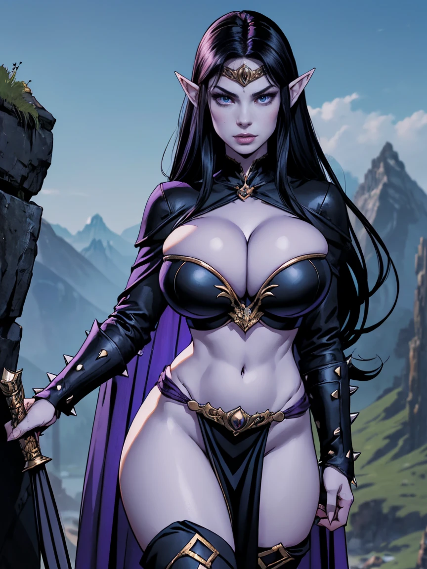 (masterpiece, top quality, best quality, official art, beautiful and aesthetic:1.2), (1girl:1.3), ((Sharp facial features, sharp features, hawkish features)), ((big hair, long elf ears, long black hair)), (((pale purple skin, pale blue skin, blue skin, purple skin))), big tiddy dark elf girl, extremely detailed, portrait, looking at viewer, solo, (full body:0.6), detailed background, full-body shot, (cold night mountain theme:1.1), dark elf war dancer, (spiky winged helmet), charlatan, smirk, mysterious, swaying in mountains, skimpy attire, revealing gladiatrix costume, ebony metal, gold filigree, long boots, dual knives, blood red fabric, pelvic curtain, loincloth, black leather, ((((gigantic breasts, cleavage, skindentation, long legs, pelvic curtain)))), cute belly button, toned tummy, slim waist, slim hips, long legs, medieval (mountain exterior:1.1) background, dark mysterious lighting, shadows, magical atmosphere, dutch angle