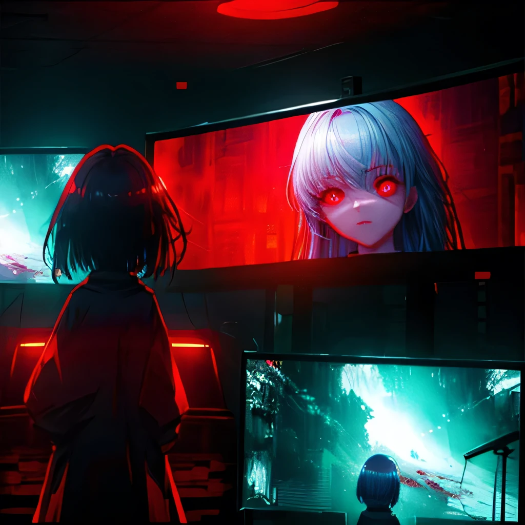 masterpiece, 1 girl, upper body, upclose, girl infront, looks at the viewer, Eyes in TV, Monitors with eyes in background, in doors, red eyes, blood, long blue hair, blue hair, many details, back facing viewer, head turned to look at viewer, emotionless, dim room, only light from tv monitors, monitors with eyes, Many screens showing different things, 1 girl in a screen, detailed eyes in the other screens, well lit, blood on face, blood on hair, blood dripping from eyes, eyes with crosses in them, pale skin, seperate monitors, emotionless face, bright colours, glowing eyes, long hair, white hair, eyes split in half, detailed, neon eyes, beautiful eyes, cool eyes, large monitor screen displaying beautiful eyes in background, girl in the center, silhouette of a girl in the center, red lighting, red eyes, blood, detailed, glowing, dim room, lighting from screens, massive screens displaying giant girl in the background , long hair,in a cinema room, dim lighting, bright lighting, red eyes, girl on screen panel, eyes in screen panels, long red hair, bright red hair, long hair, hair glowing, well lit, detailed, detailed lighting, well lit hair, well lit face, looking at viewer, dim room, screen monitor panels, monitors with girl in them, emotionless expression, eye in monitor screen, lots of monitor panels, sectioned panels, glowing eyes, red eyes,