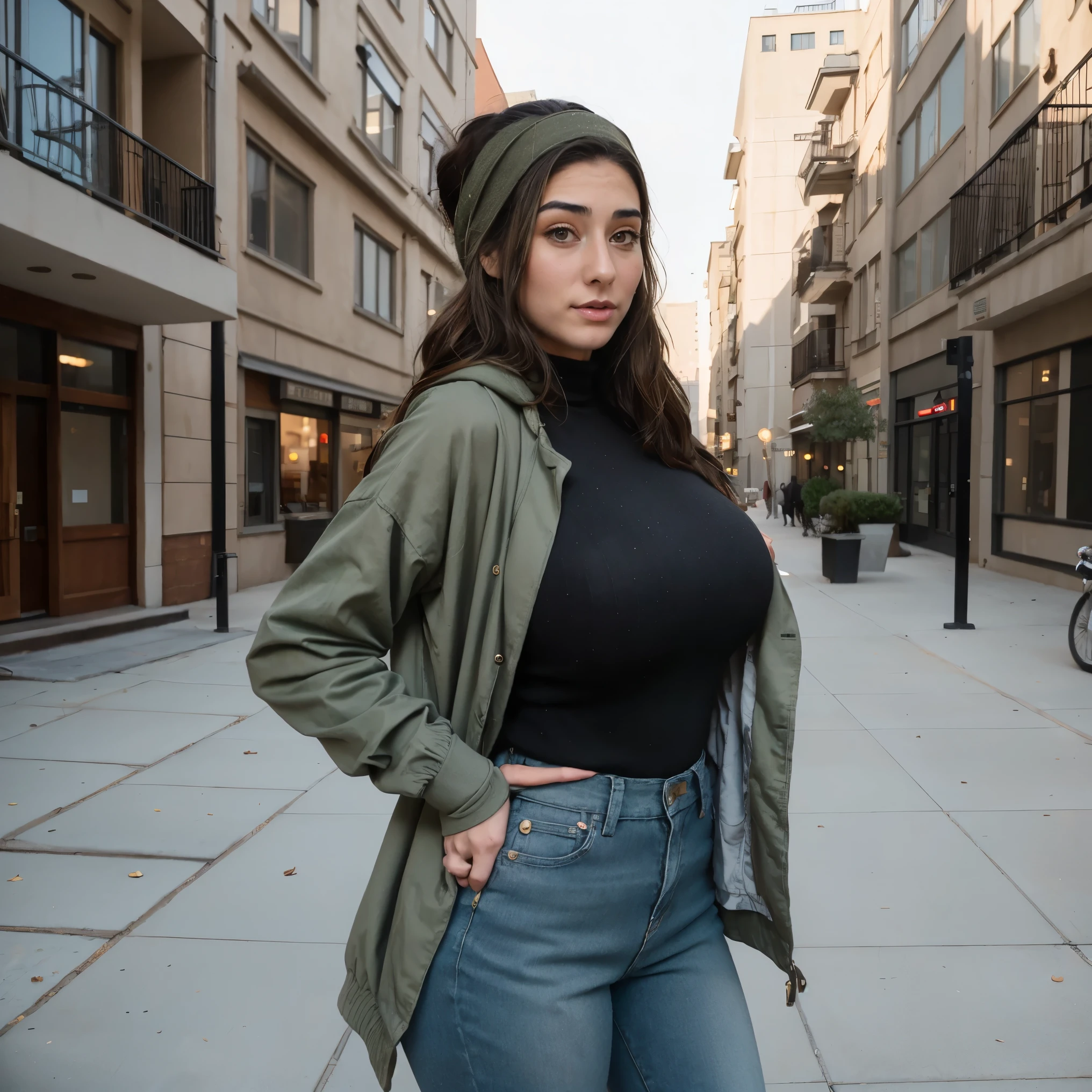 Extremely busty thin and toned brunette photographer, college girl, fair skin, loose single side sweep, soft face, athletic, bandana babushka headwrap, tight olive green casual windbreaker, skinny jeans. standing in front of her apartment building, outdoors, city, camera bag, cleavage 