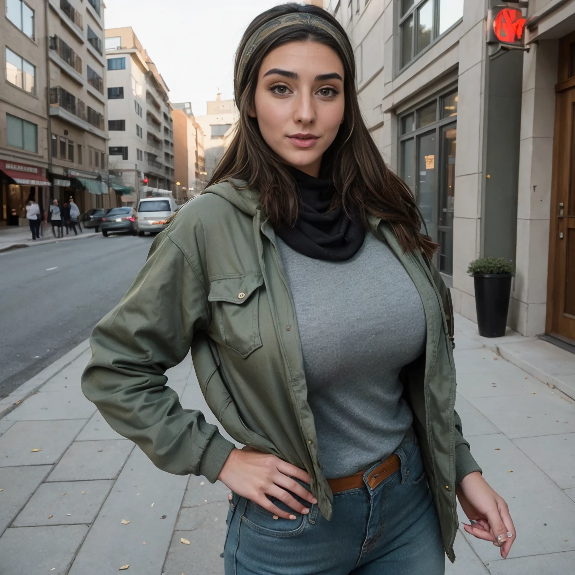 Extremely busty thin and toned brunette photographer, college girl, fair skin, loose single side sweep, soft face, athletic, bandana babushka headwrap, tight olive green casual windbreaker, skinny jeans. standing in front of her apartment building, outdoors, city, camera bag, cleavage