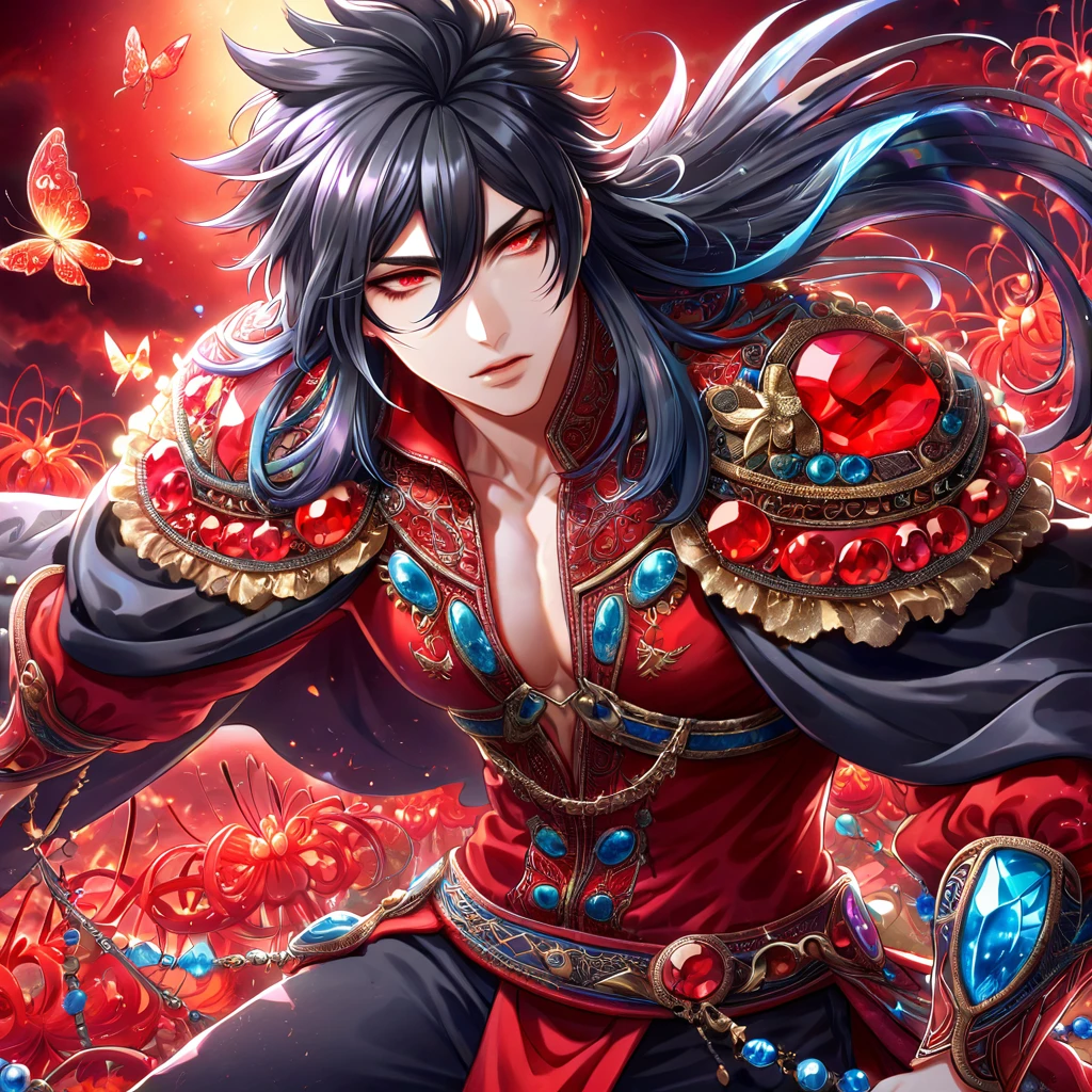 absurdres, highres, ultra detailed, HDR, master piece, best quality, extremely detailed face, delicated features, Xue Yu, untamed spiky hair, black hair, black long hair, hair between the eyes, expressive red eyes, Thousand Years War, solo, sexy man, handsome, toned chest, black cape, red robes, black pants, accessories, patterns, red sky, red butterflies, red spider lilies, fantasy, magical, radiant, envy magical
