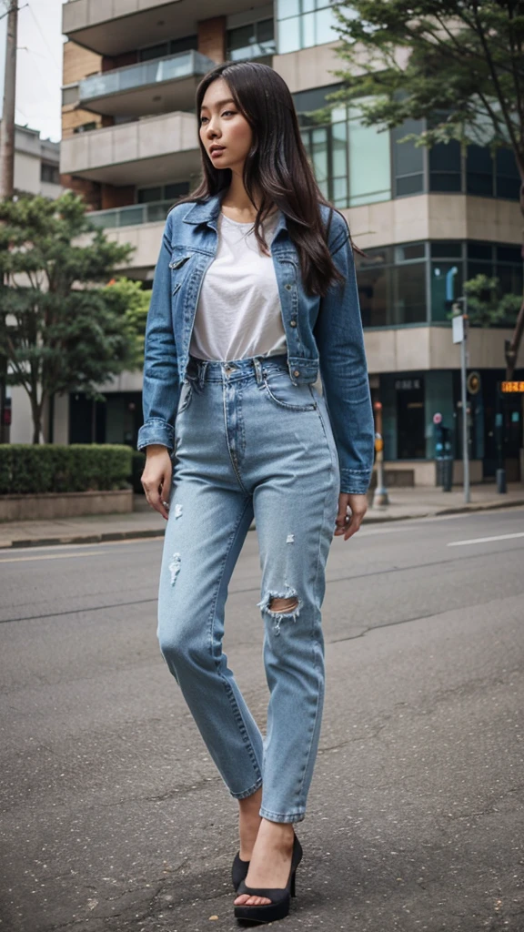 Young oriental woman full body wearing denim outfit