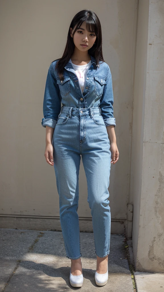 Young oriental woman full body wearing denim outfit 