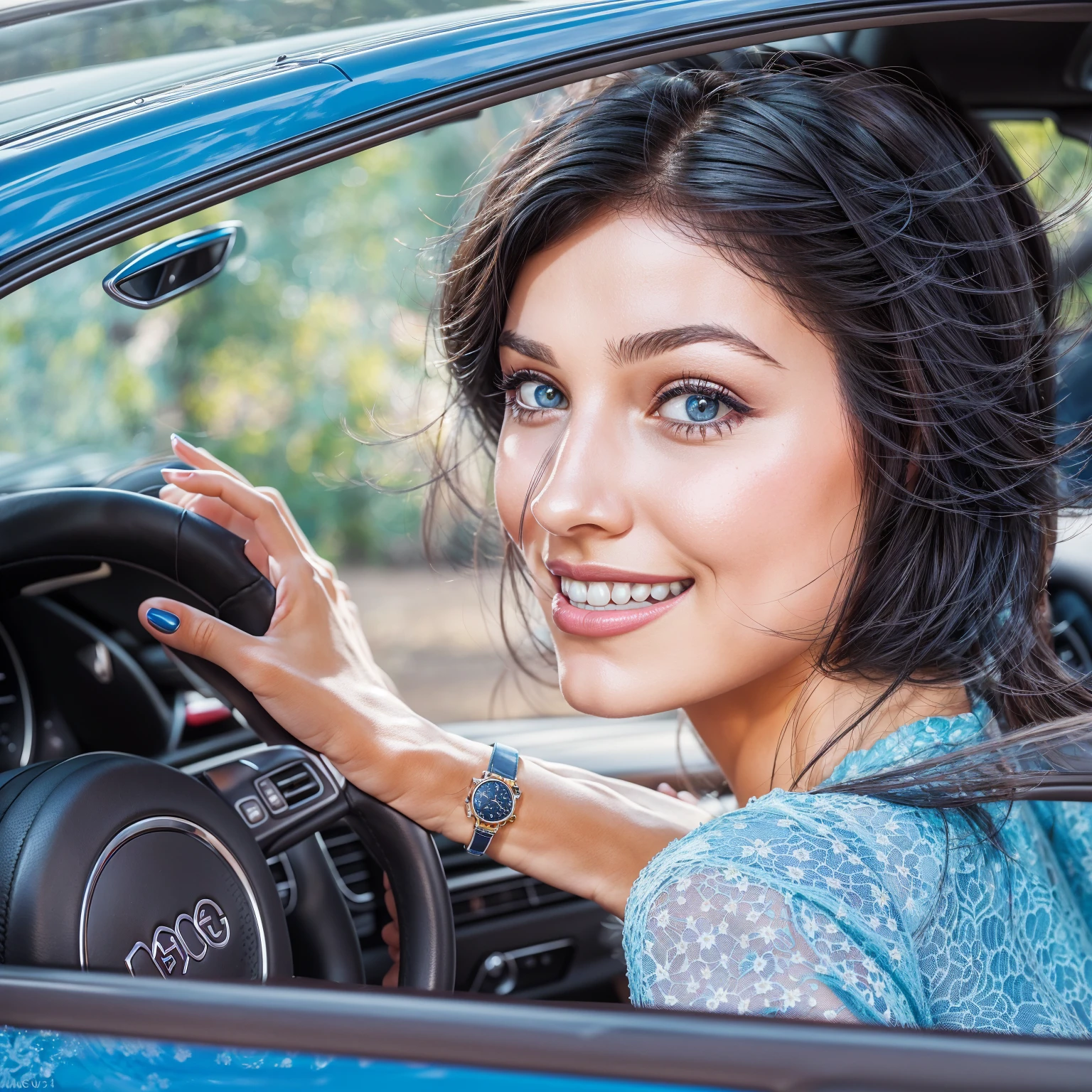 Photo portrait of a European girl driving a fashionable car, one, sharp focus, watch on hand, blue manicure, hand on the steering wheel, left hand drive, blue car, best shadow, better lighting, Beautiful and Photorealistic face, ultra photorealism, high quality portrait, complex and detailed set, photographic masterpiece