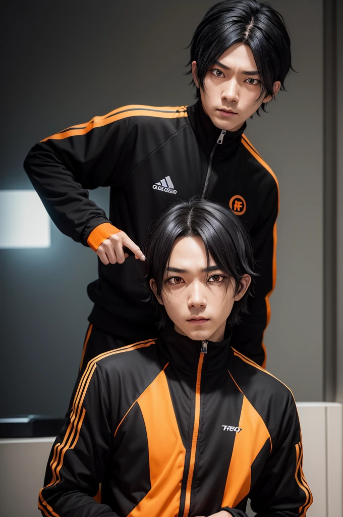 Natsuki Subaru \(Re:Zero kara Hajimeru Isekai Seikatsu\), (Black hair:1.5), (orange eyes:1.3), (black white and orange tracksuit),insanevoid, glowing eyes, horror \(theme\),more_details:-1, more_details:0, more_details:0.5, more_details:1, more_details:1.5,determined look,desperate,crazy look
