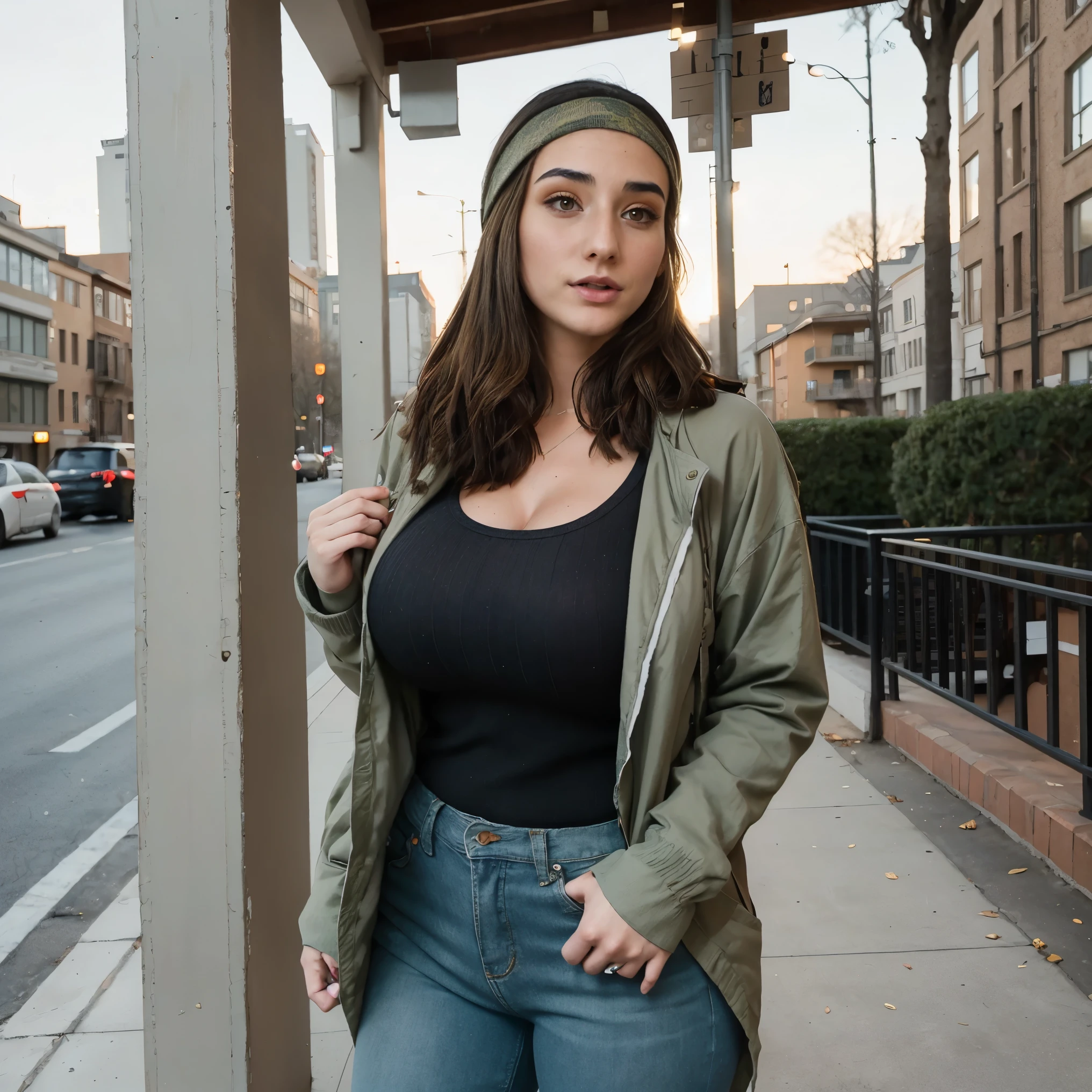 Extremely busty thin and toned brunette photographer, college girl, fair skin, loose side sweep, soft face, athletic, bandana babushka headwrap, tight olive green casual windbreaker, skinny jeans. standing in front of her apartment building, outdoors, city, camera bag, cleavage