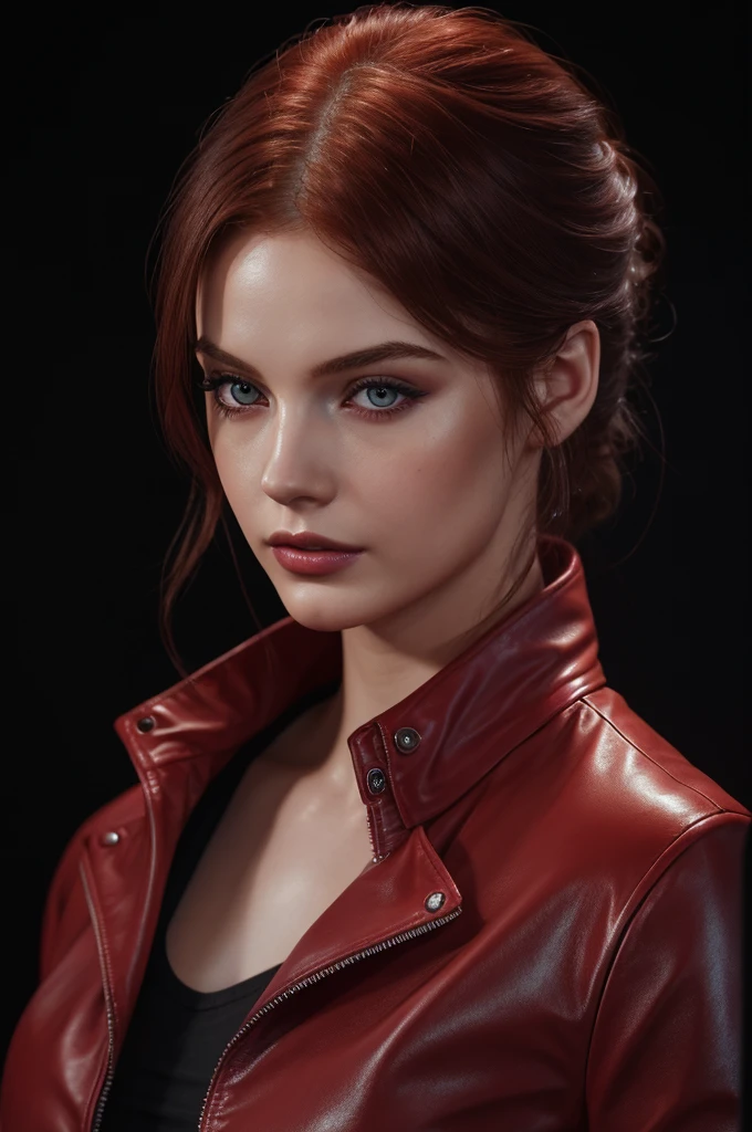 woman with medium hair ,Auburn-red-hair, pale,soft body,eyeliner,portrait, beautiful woman, beautiful female ,beautiful classy woman ,eyeliner,wonderful highly detailed masterpiece, elegant, digital painting, smooth, dramatic lighting, ultra realistic, 8k, art , blur backgrond, black background ,black background,black wallpaper,wearing red leather jacket