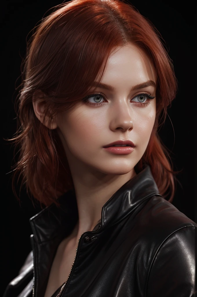 woman with medium hair ,Auburn-red-hair, pale,soft body,eyeliner,portrait, beautiful woman, beautiful female ,beautiful classy woman ,eyeliner,wonderful highly detailed masterpiece, elegant, digital painting, smooth, dramatic lighting, ultra realistic, 8k, art , blur backgrond, black background ,black background,black wallpaper,wearing red leather jacket