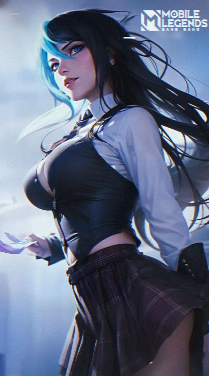 1girl, black_skirt, blue_hair, hair_between_eyes, jacket, looking_at_viewer, medium_hair, multicolored_hair, multiple_boys, off_shoulder, pleated_skirt, shirt, skirt, smile, solo_focus, cityscape, building, skyscraper, city, night, road, street, outdoors, (best quality,4k,8k,highres,masterpiece:1.2),ultra-detailed,(realistic,photorealistic,photo-realistic:1.37),vivid colors,concept art