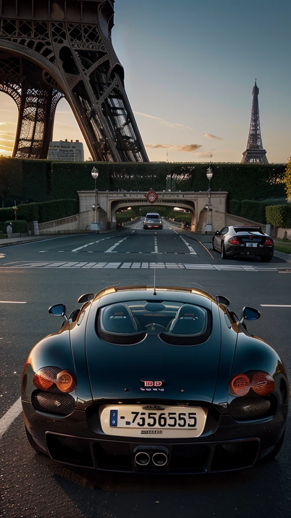 automobile, Bugatti Veyron, faithful to reality, from under the Eiffel Tower, realisitic, At the sunset, with some buildings in the background, and a blurry sky.