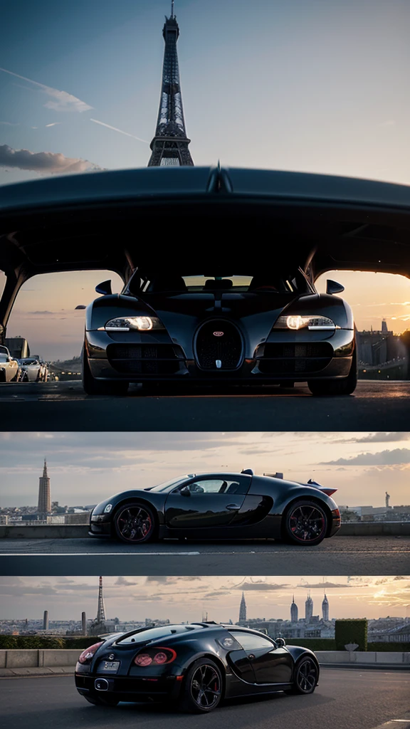 automobile, Bugatti Veyron, faithful to reality, from under the Eiffel Tower, realisitic, At the sunset, with some buildings in the background, and a blurry sky.