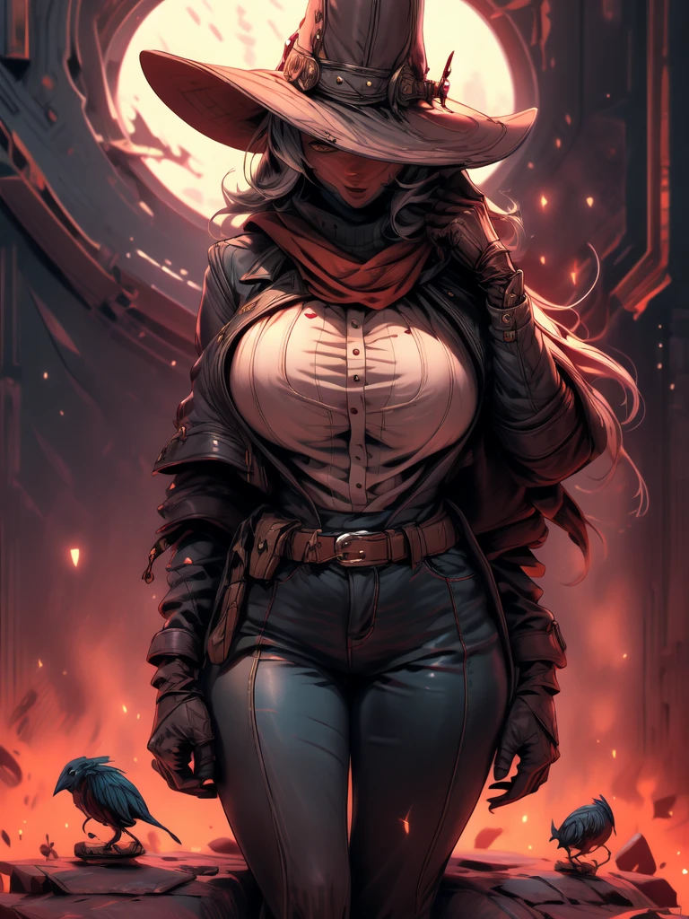 cowboy shot, lonely desert, SUNSET, chunky hat, leathery, dust, cowgirl, bounty hunter, huge perfect breast, Short stackBT