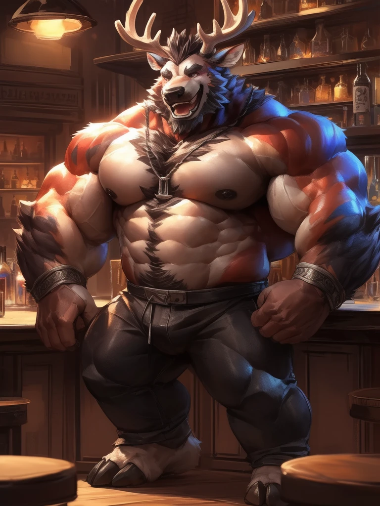 lindong, lucusold, lanxus, a man with a huge muscle, furry deer wearing ((tuxedo:1.2)), bar, ((muscular, sixpack)), happy, laugh, bearded , thicc, lowres, giant and muscular, danbooru and artstation, heavy detailed, insanely inflated hips, proportionally arms, commission for high res, detailed but rough, semirealistic:1.3