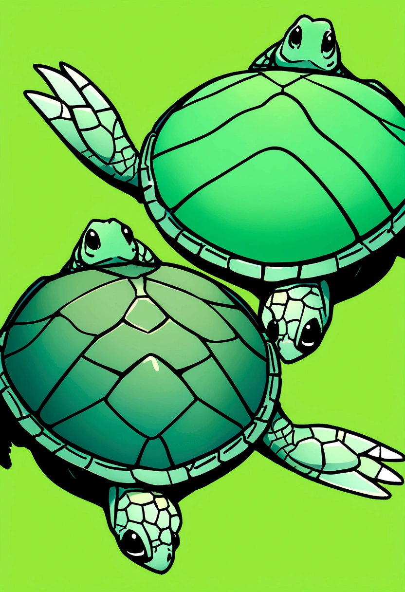cute green ground turtle with dark green shell, black eyes, no background