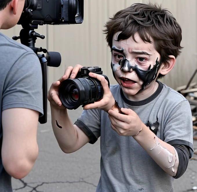Boy caught in explosion while filming comedy movie and covered in ash