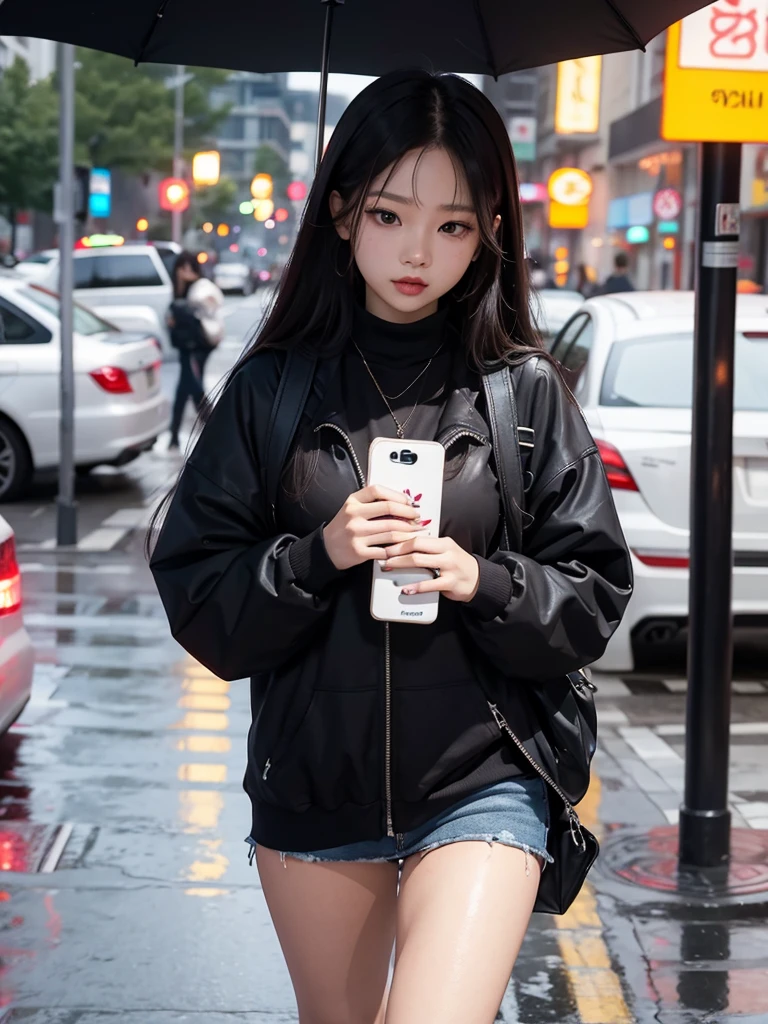 (Jennie Kim), the iconic BLACKPINK rapper and singer, with swollen lips, thick and fleshy, sparkles of your lip gloss, is in Seoul on a rainy day. Despite the downpour, she radiates confidence and style as she walks through the city's busy streets. Her black trench coat matches perfectly with her transparent umbrella., creating a sleek, modern silhouette. Her black hair is wet and stuck to her face, but this only serves to enhance your natural beauty. A faint smile plays on his lips, as she observes the world around her with an air of mystery. City lights flicker and reflect in puddles of water, creating a vibrant and lively urban setting. Foco nos lábios carnudos, foco no rosto, foco na roupa.