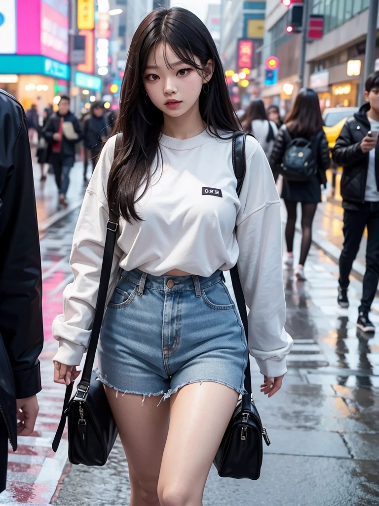 (Jennie Kim), the iconic BLACKPINK rapper and singer, with swollen lips, thick and fleshy, sparkles of your lip gloss, is in Seoul on a rainy day. Despite the downpour, she radiates confidence and style as she walks through the city&#39;s busy streets. Her black trench coat matches perfectly with her transparent umbrella., creating a sleek, modern silhouette. Her black hair is wet and stuck to her face, but this only serves to enhance your natural beauty. A faint smile plays on his lips, as she observes the world around her with an air of mystery. City lights flicker and reflect in puddles of water, creating a vibrant and lively urban setting. Foco nos lábios carnudos, foco no rosto, foco na roupa.