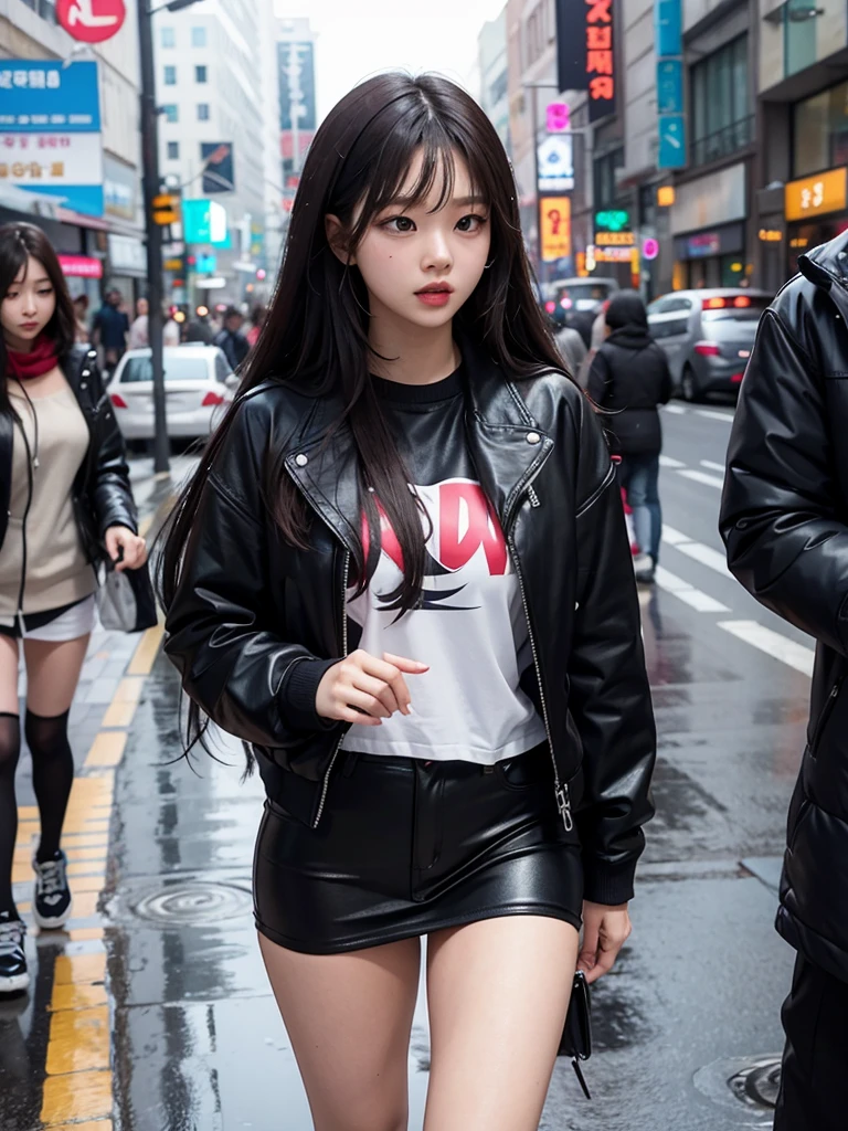 (Jennie Kim), the iconic BLACKPINK rapper and singer, with swollen lips, thick and fleshy, sparkles of your lip gloss, is in Seoul on a rainy day. Despite the downpour, she radiates confidence and style as she walks through the city&#39;s busy streets. Her black trench coat matches perfectly with her transparent umbrella., creating a sleek, modern silhouette. Her black hair is wet and stuck to her face, but this only serves to enhance your natural beauty. A faint smile plays on his lips, as she observes the world around her with an air of mystery. City lights flicker and reflect in puddles of water, creating a vibrant and lively urban setting. Foco nos lábios carnudos, foco no rosto, foco na roupa.