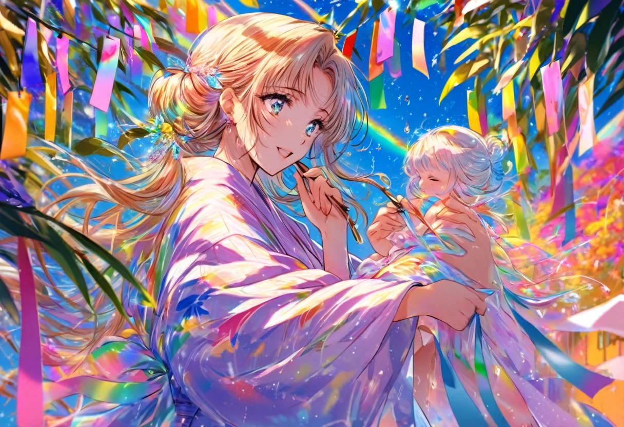 大きな花を見つめるTwo people, Two people, Tanabata, Paper, Bamboo Leaves, wishes on Paper, Grilling in a yukata, fluid, Particles of light, dream-like, Sparkling, dream-like shine, Drops of paint, Oil , strong stroke, Paint Drop, splash Paint Drop, Oil, (Abstract: 1.2) Consists of girls (Tanabata light tracing: 1.25), (Change to synchrotron radiation tracing) Style Tanabata summer festival, Orihime, fair, Summer festival, Rainbow colors, 16K, Ultra-high resolution, to be born, wonderful, future, Rainbow colors, The world 30 years from now.