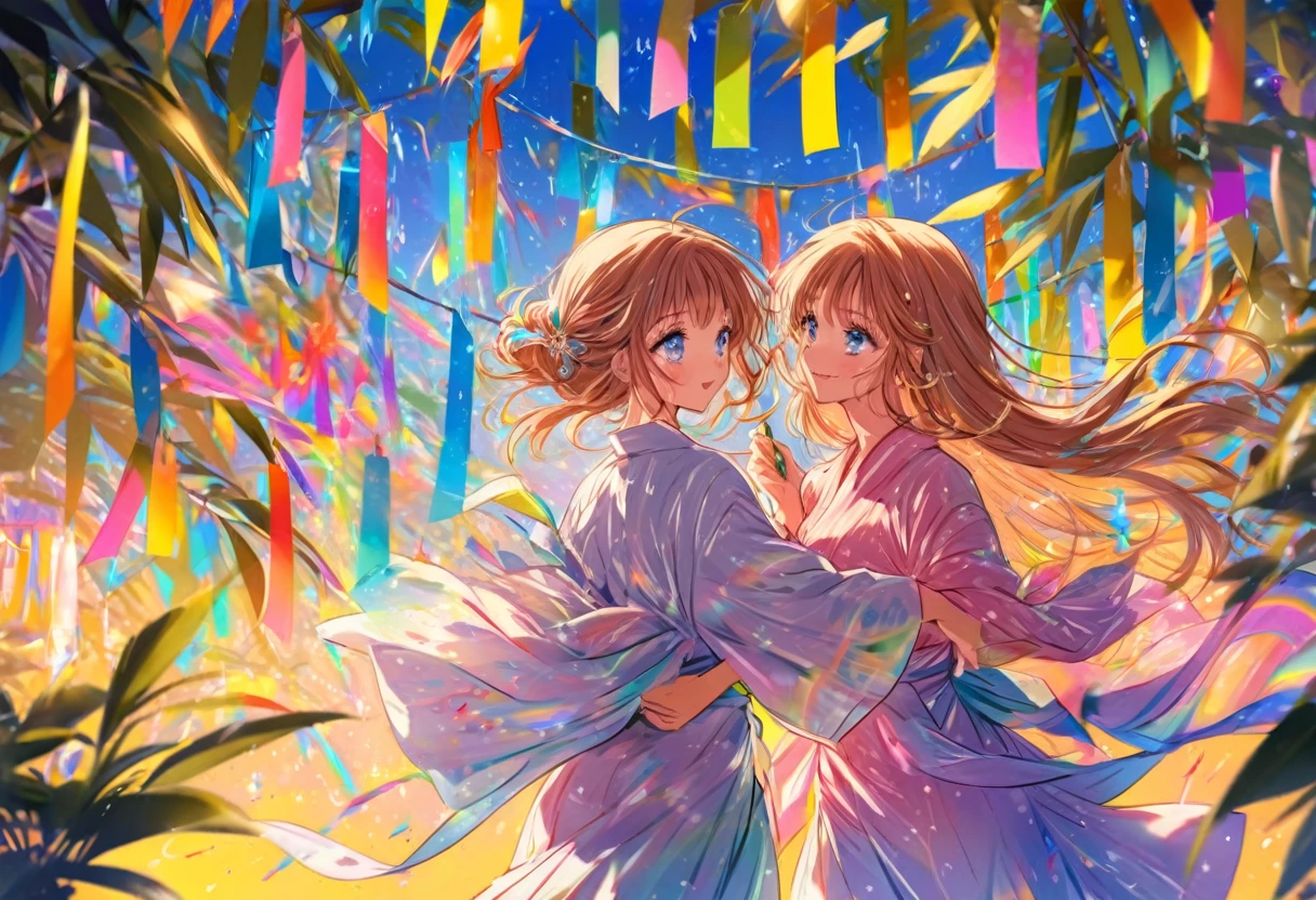 大きな花を見つめるTwo people, Two people, Tanabata, Paper, Bamboo Leaves, wishes on Paper, Grilling in a yukata, fluid, Particles of light, dream-like, Sparkling, dream-like shine, Drops of paint, Oil , strong stroke, Paint Drop, splash Paint Drop, Oil, (Abstract: 1.2) Consists of girls (Tanabata light tracing: 1.25), (Change to synchrotron radiation tracing) Style Tanabata summer festival, Orihime, fair, Summer festival, Rainbow colors, 16K, Ultra-high resolution, to be born, wonderful, future, Rainbow colors, The world 30 years from now.