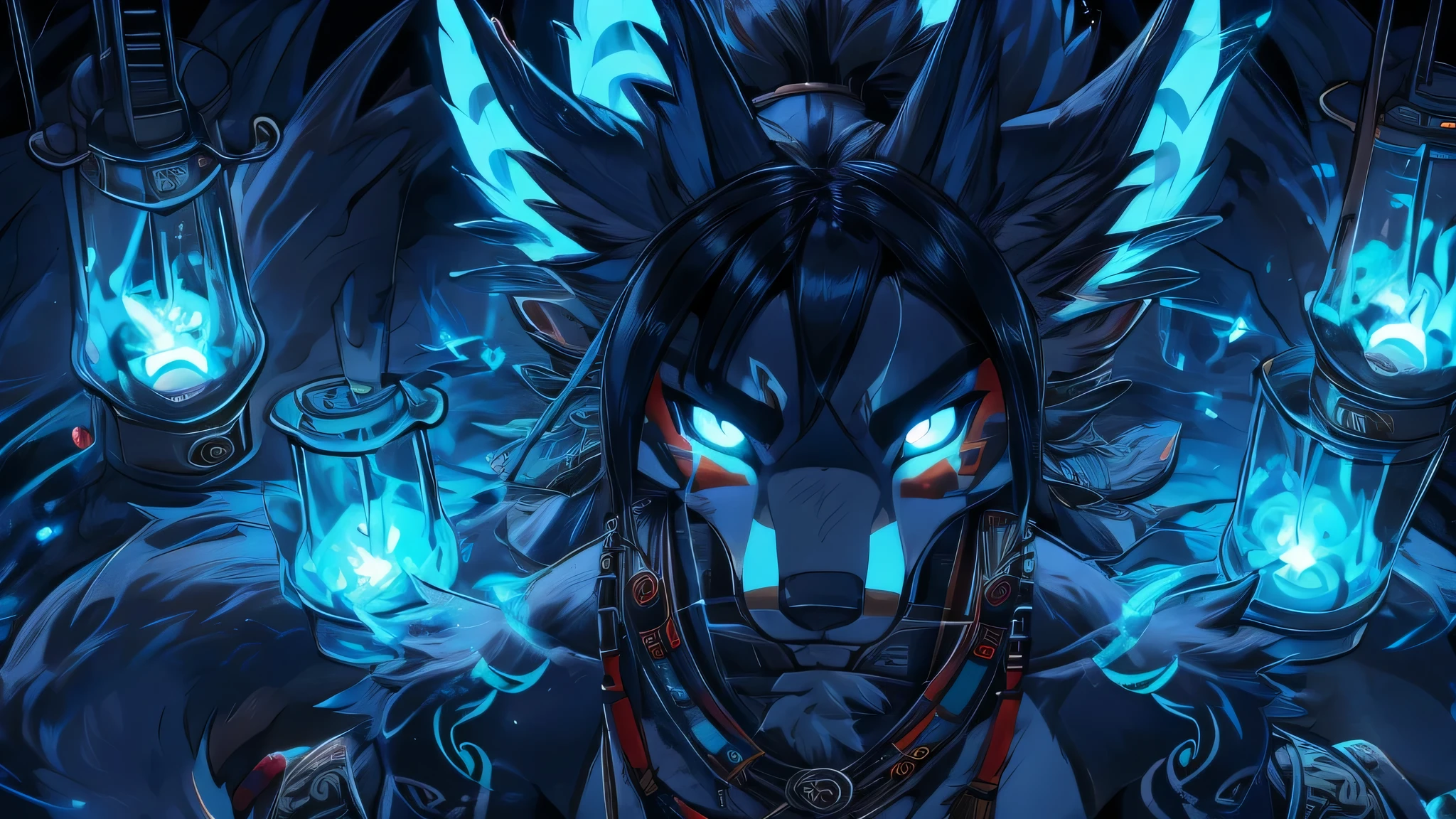 kitsune 9 colas, add high definition_detail:1, blue fur,kitsune ears, tribal tattoo add_detail:1, in hell add_detail, batwigs agregar_detail yokai