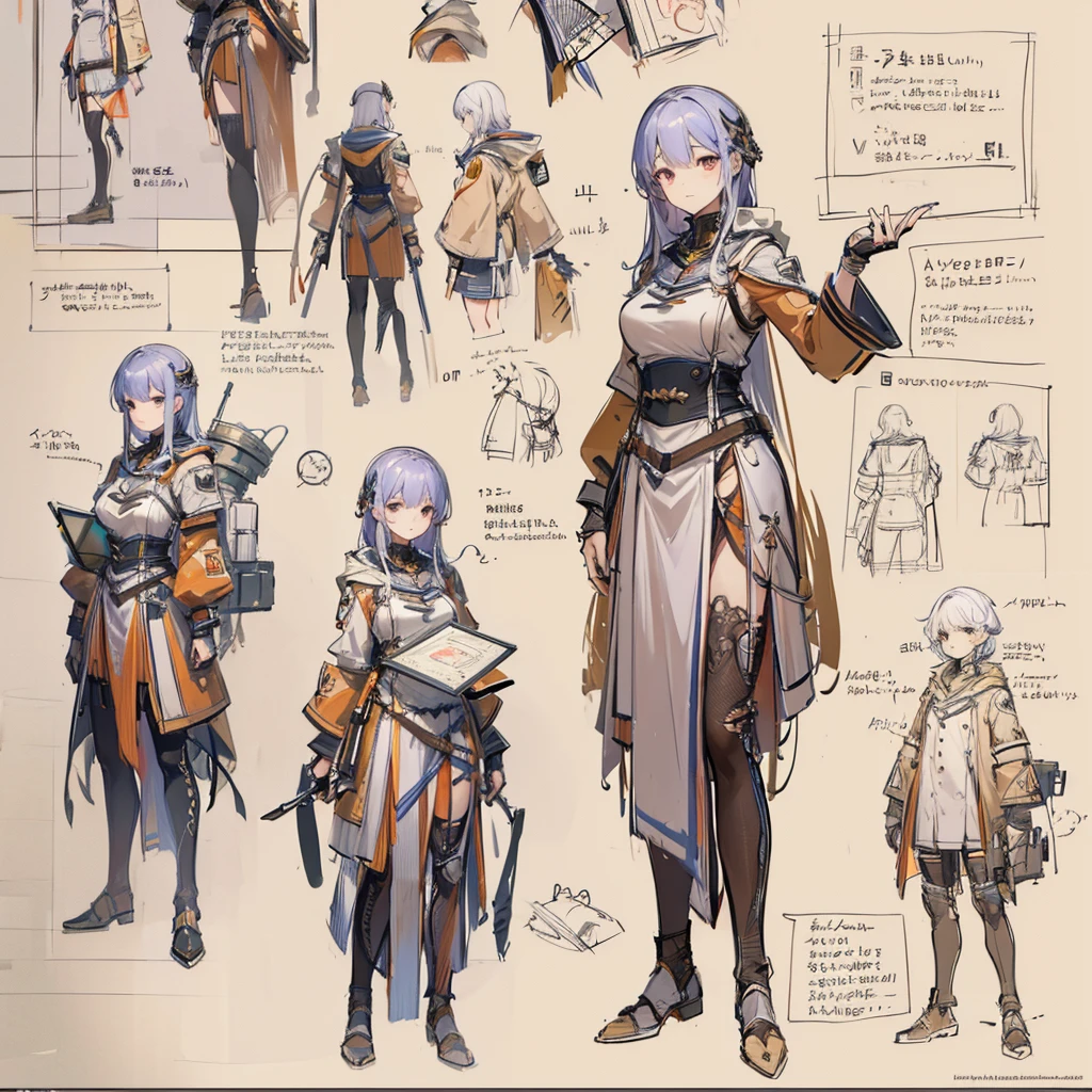 multiple views, pencil sketch, (sketch:1.25), best quality, Line draft, highres, (ultra-detailed:1.1), (illustration:1.1), (infographic:1.2), (solo), perfectly drawn hands, standing, cohesive background, paper, action, (character design:1.1),