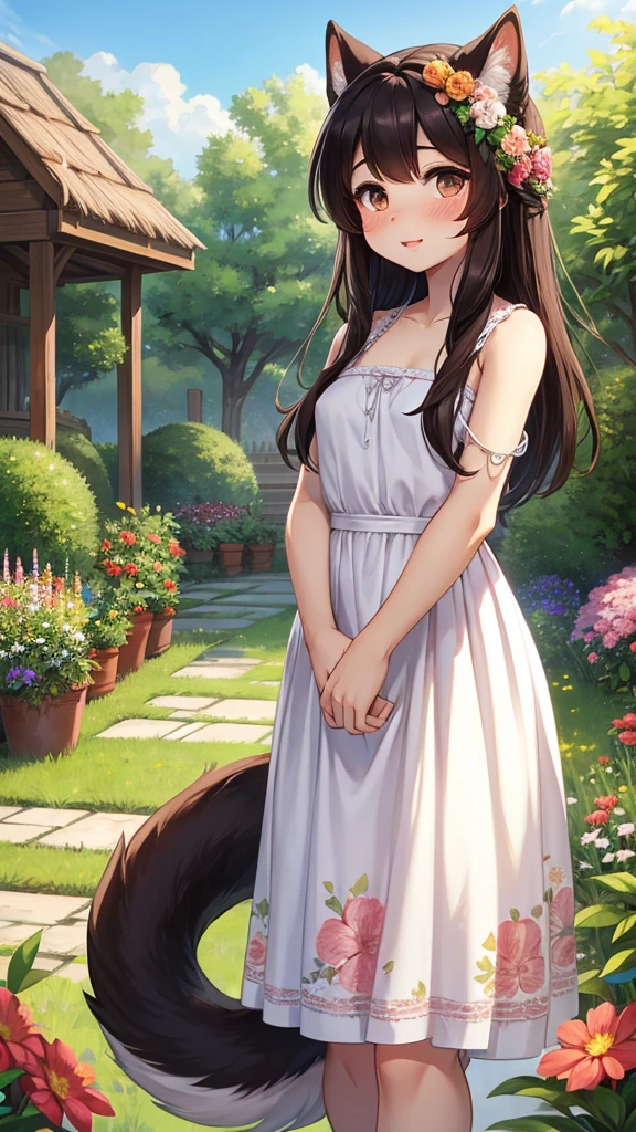 Furry Hund, 1 girl, DARK hair, dark brown eyes, bright eyes, Chapped lips, Blush, adorable, Garden, day, Floral, long tail, fluffy