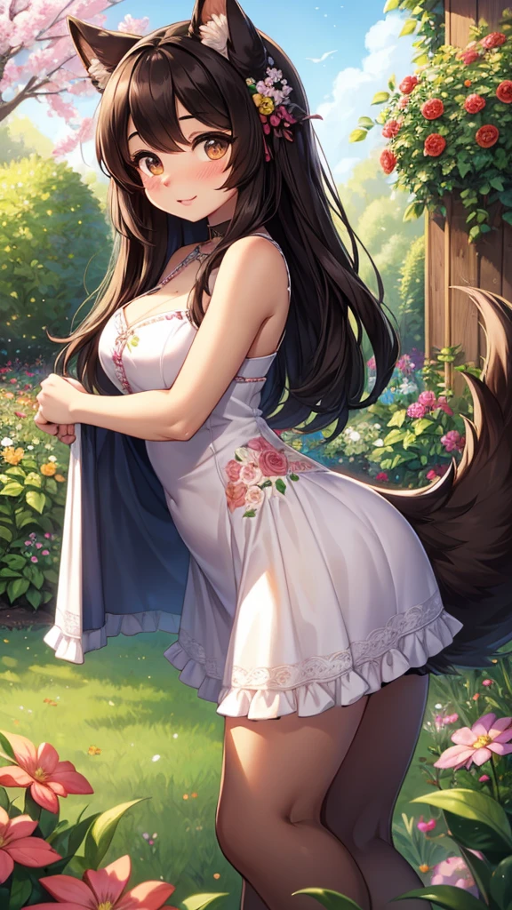 Furry Hund, 1 girl, DARK hair, dark brown eyes, bright eyes, Chapped lips, Blush, adorable, Garden, day, Floral, long tail, fluffy