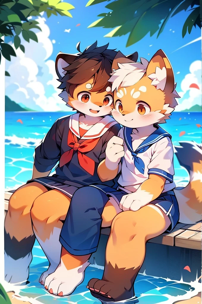 Male Red Panda, Ocean, Appeared wearing a sailor uniform! One in heat, Sitting,空を飛ぶ，青い光