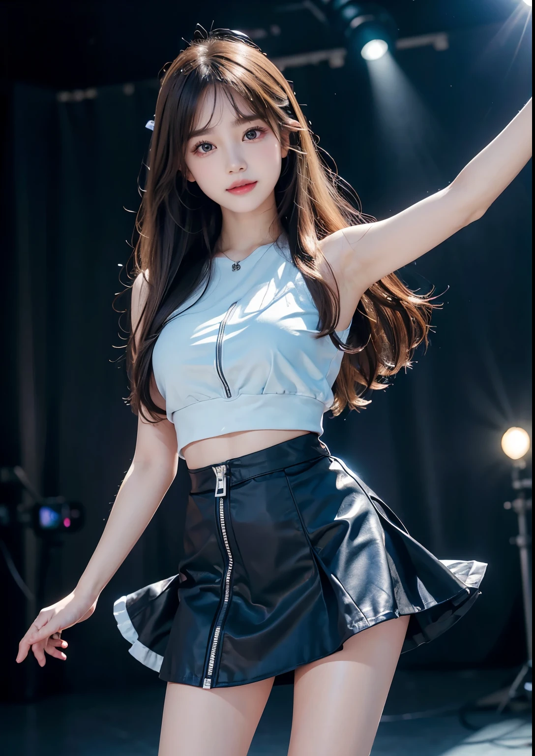 (8K、Raw photography、Photorealsitic:1.25)、1、(18 year old woman with beautiful perfect face、Expressing the joy of dancing with color)、Pose with legs raised high、Dance、lipgloss、long eyelashes beautiful look、shiny bare skin、top-quality、超A high resolution、Stage costumes with many jewels shining、Bask in the lights on the stage、above knee length pretty cute zipper skirt、Photograph the whole body、Reduce depth of field