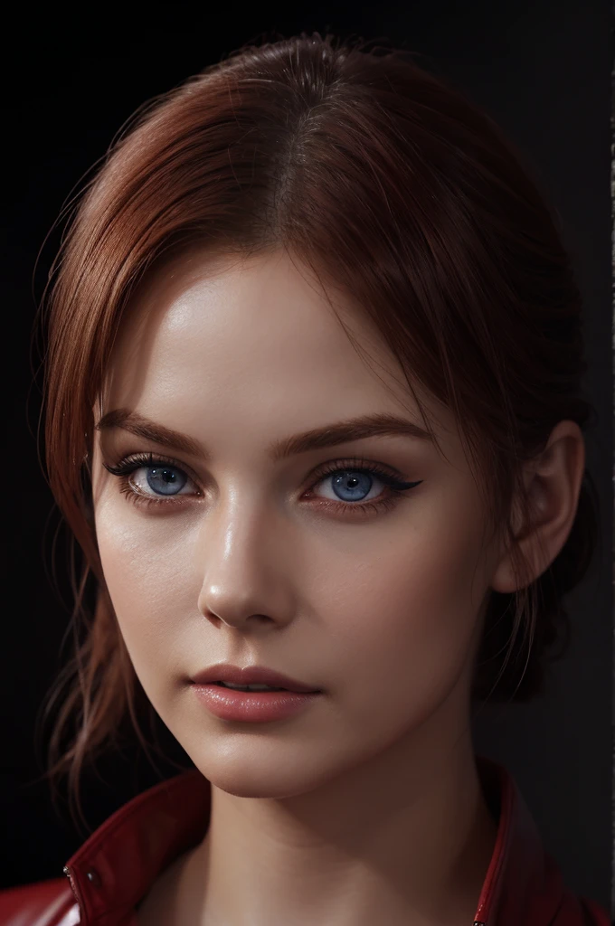 woman with medium hair ,Auburn-red-hair, blue eyes, pale,soft body,eyeliner,portrait, beautiful woman, beautiful female ,beautiful classy woman ,eyeliner,wonderful highly detailed masterpiece, elegant, digital painting, smooth, dramatic lighting, ultra realistic, 8k, art , blur backgrond, black background ,black background,black wallpaper,wearing red leather jacket